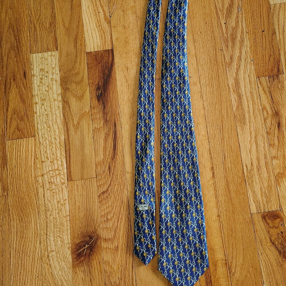 Celine Paris vintage blue gold chain  silk necktie